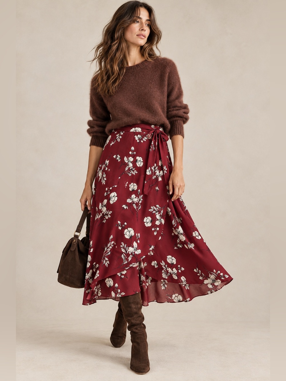 Le Lis Golda Burgundy Floral Faux Wrap Midi Skirt Small